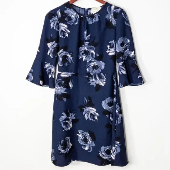 Kate Spade Night Rose Bell Sleeve Dress Size 0 Blue Romantic Botanical - Picture 2 of 11
